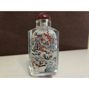 Vtg Chinese Reverse Painted Snuff Bottle Stopper Birds Flowers Cherry Blossoms